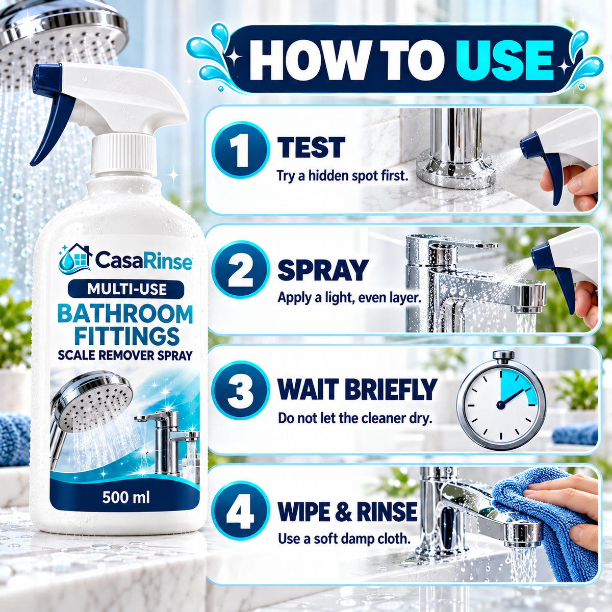 CasaRinse step by step bathroom care routine