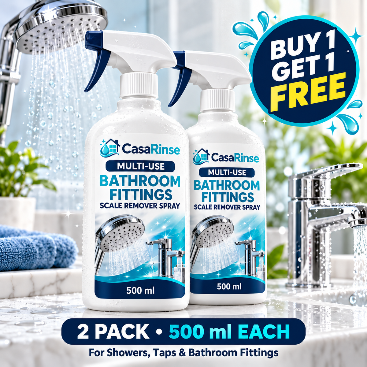 CasaRinse Multi-Use Bathroom Scale Remover Spray – Buy 1 Get 1 Free (2 × 500 ml)